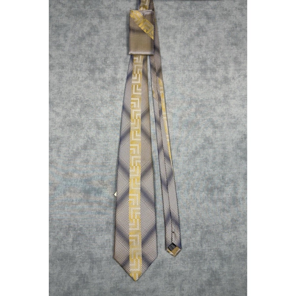 Steven Land Silk Tie Pocket Square NWT Blue Gold Geometric 4" Wide